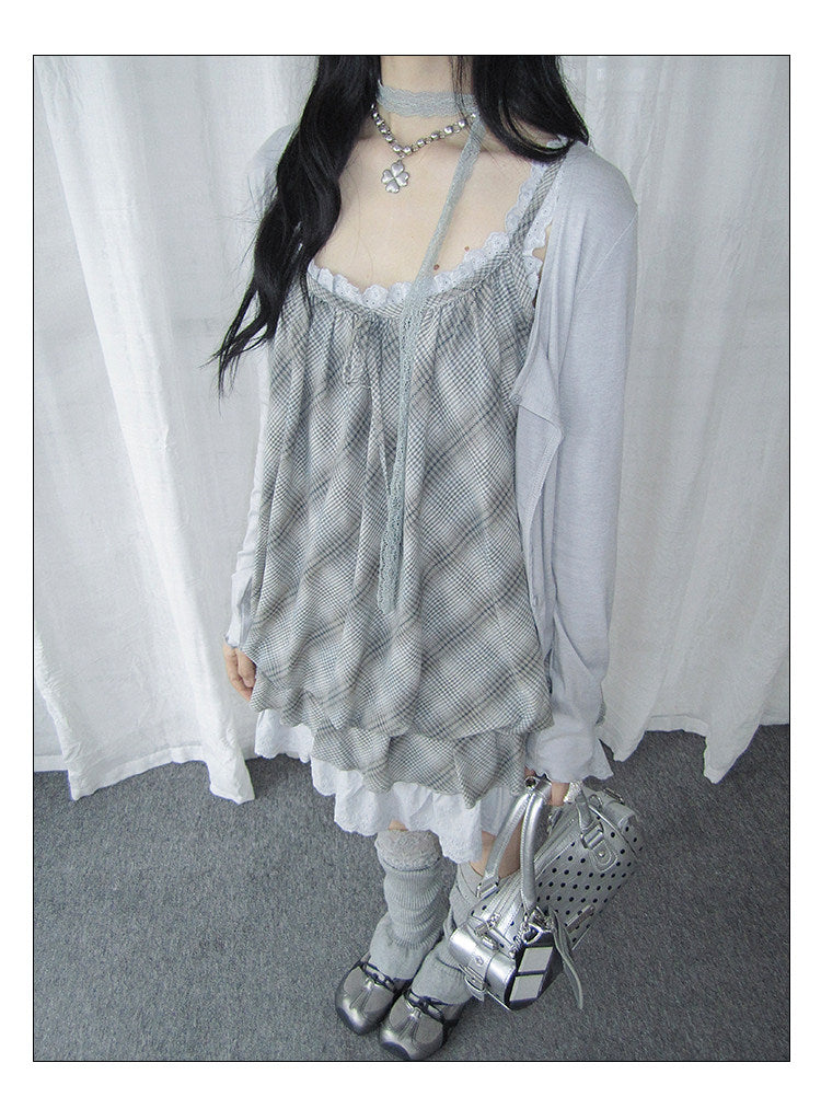 Dusty Blue Plaid Lace Bubble Dress Three-Piece Set