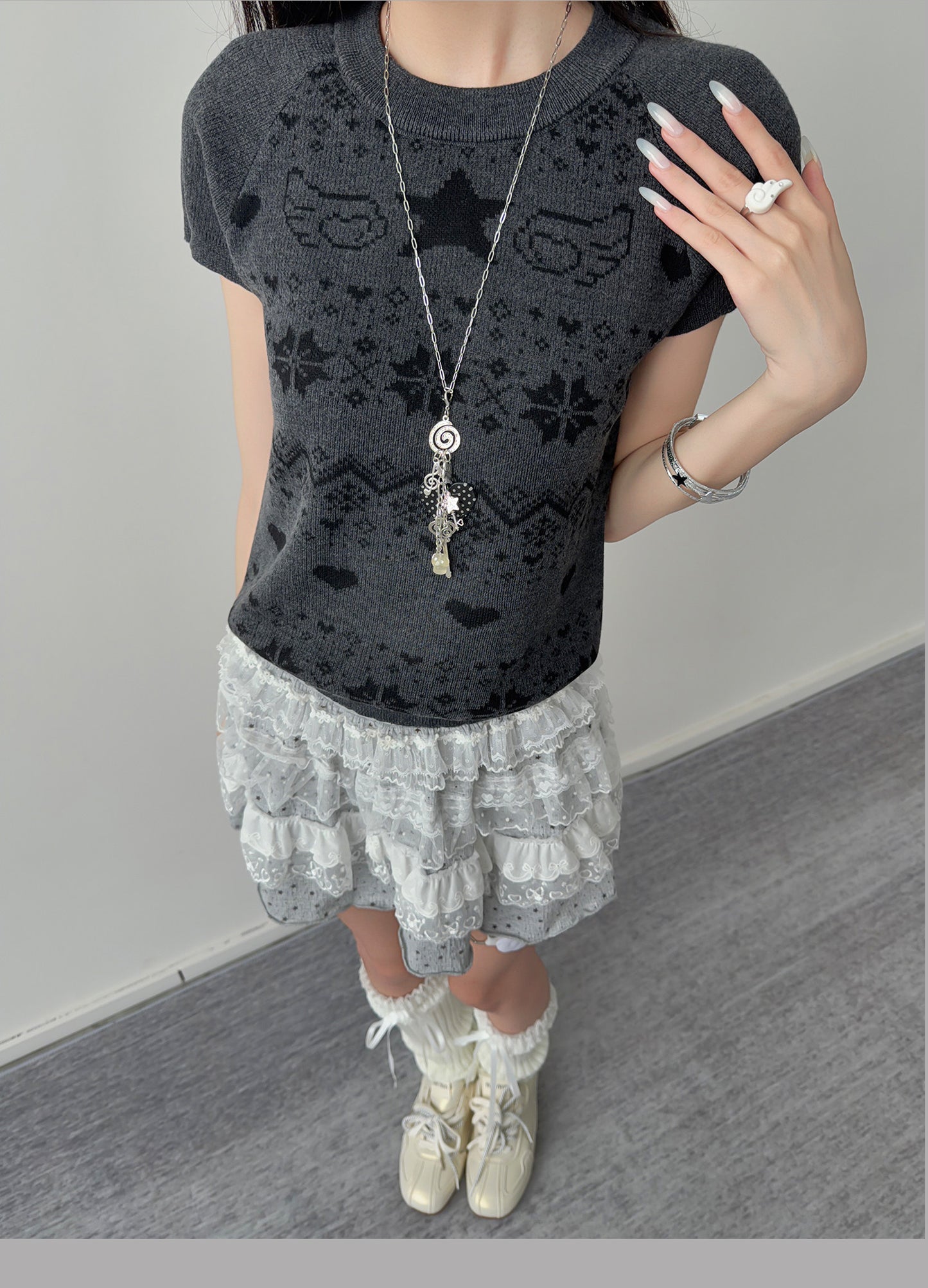 Star Wing Fair Isle Short-Sleeve Knit Top