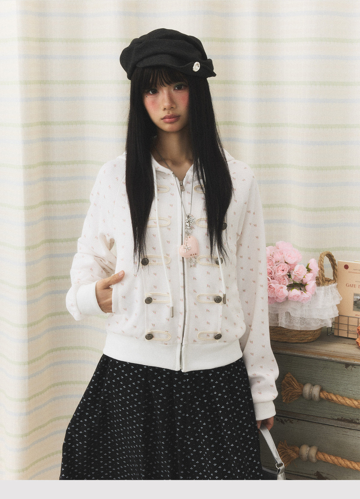 Floral Waffle Toggle Zip-Up Hoodie
