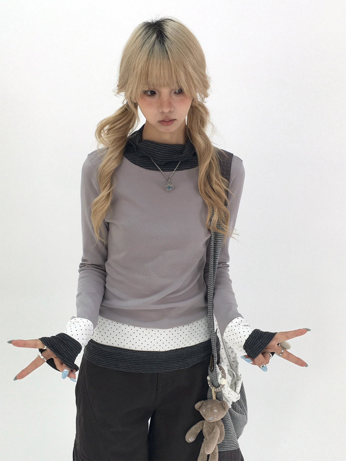 Mist Gray Polka Dot & Stripe Faux-Layer Long Sleeve Top