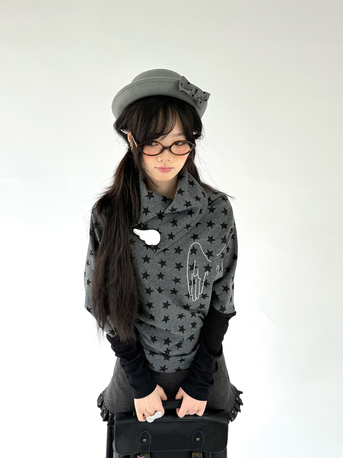 Asymmetric Star Drape Faux-Layer Long Sleeve Top