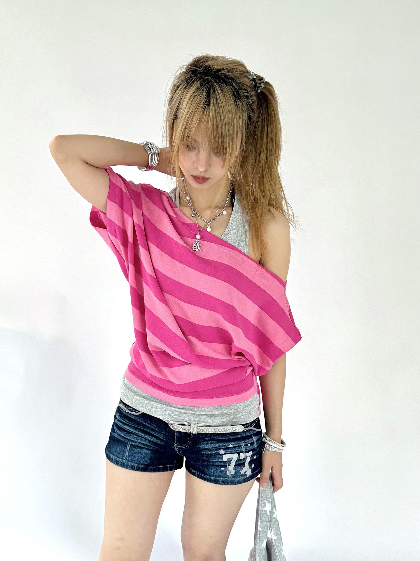 Berry Stripe Off-Shoulder Layered Tee