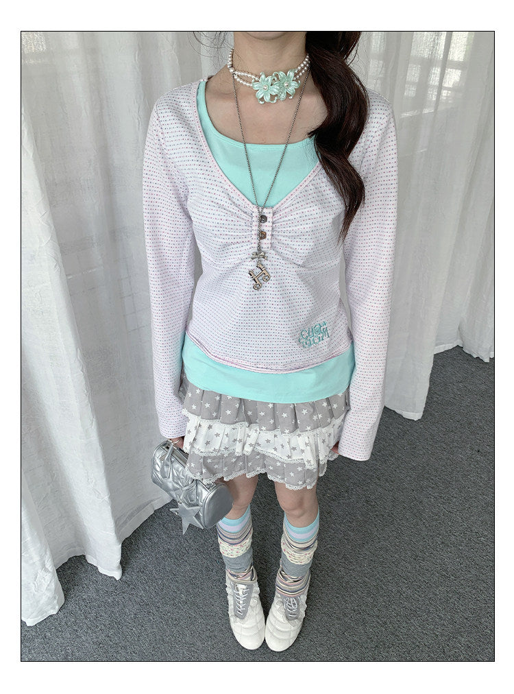 Mint Dot Ruched Faux-Layer Long-Sleeve Top