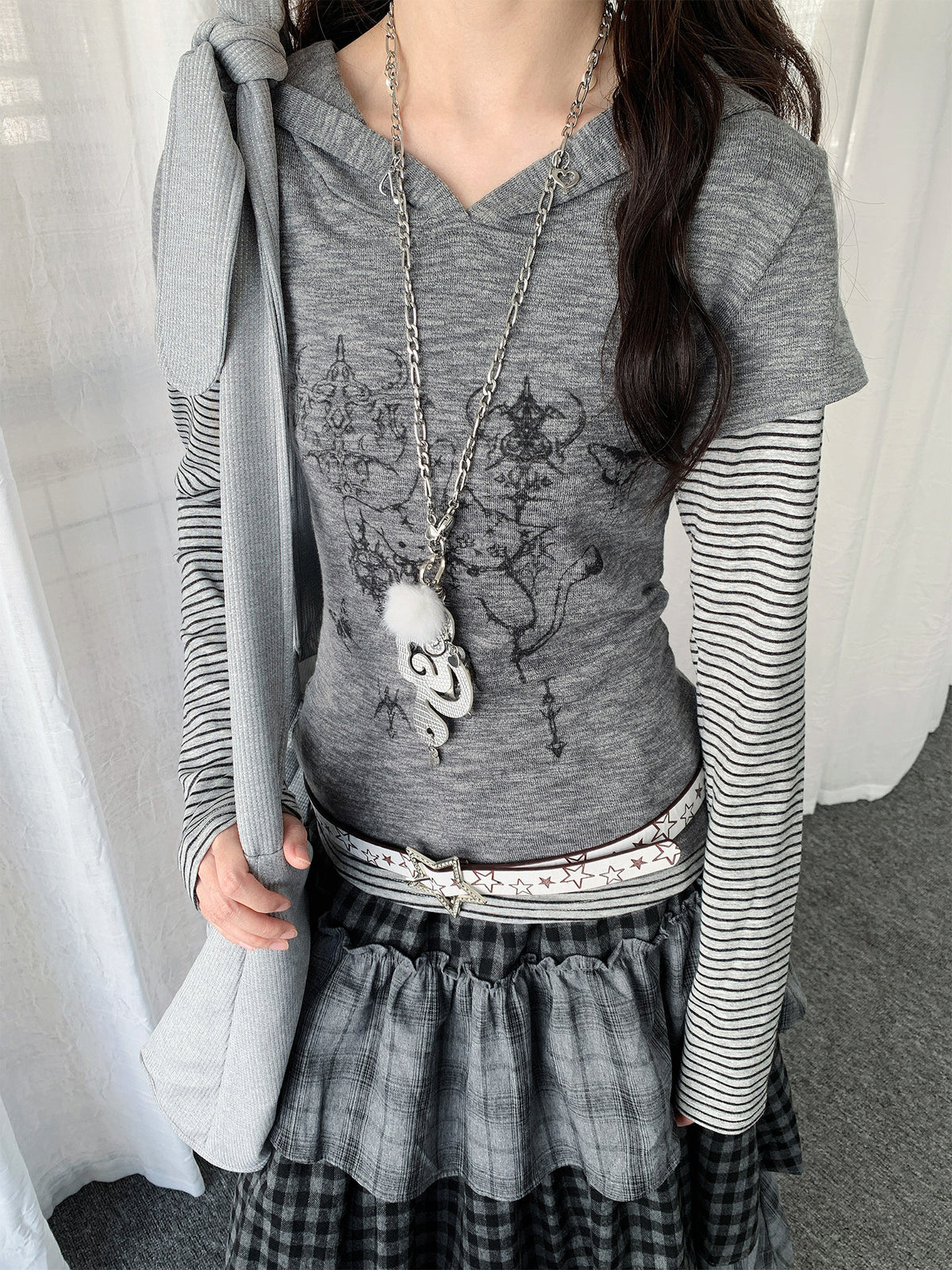 Striped Layered Hooded Graphic Long Sleeve Top