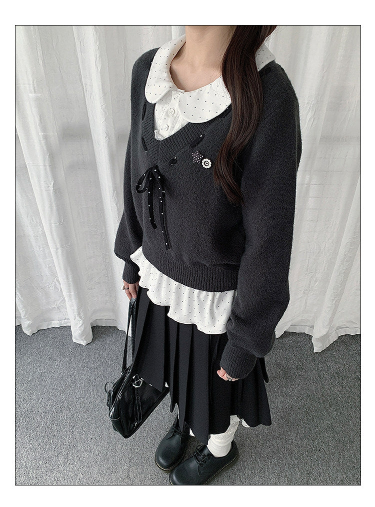 Black Bow Knit Sweater & Polka Dot Peter Pan Collar Two-Piece Set