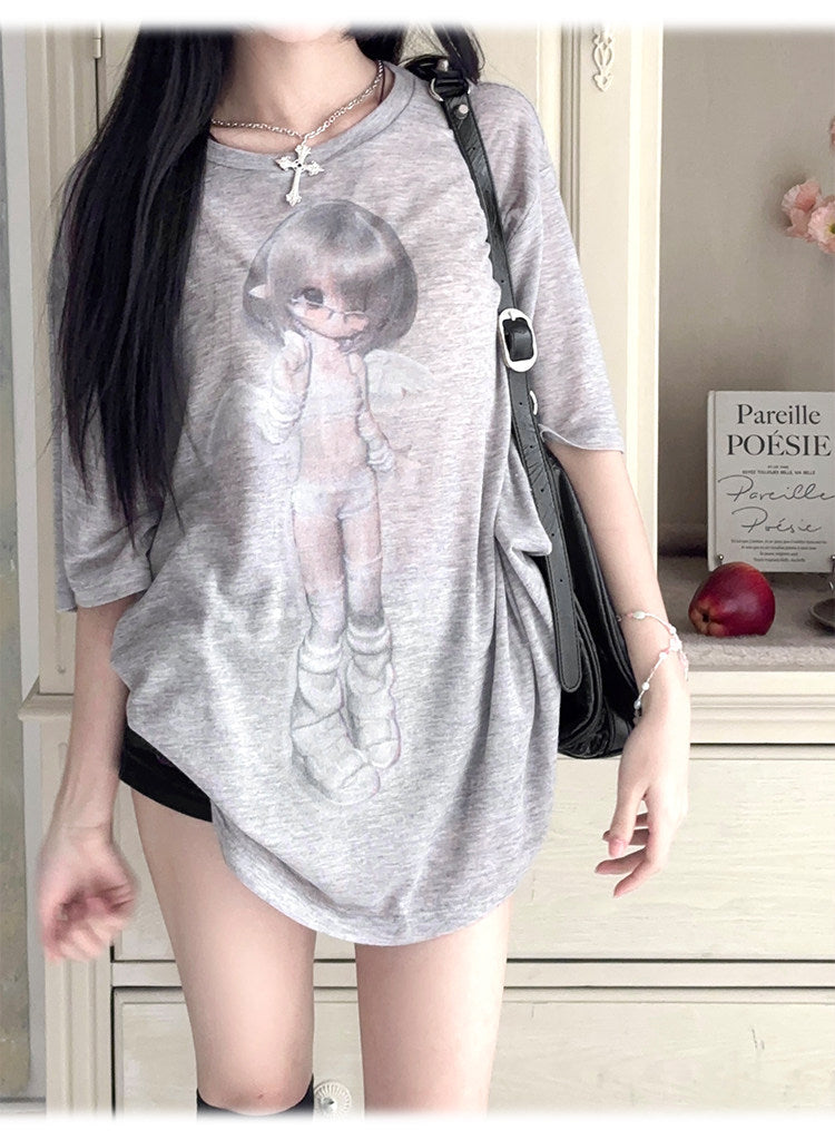 Faded Angel Girl Sheer Oversized Tee