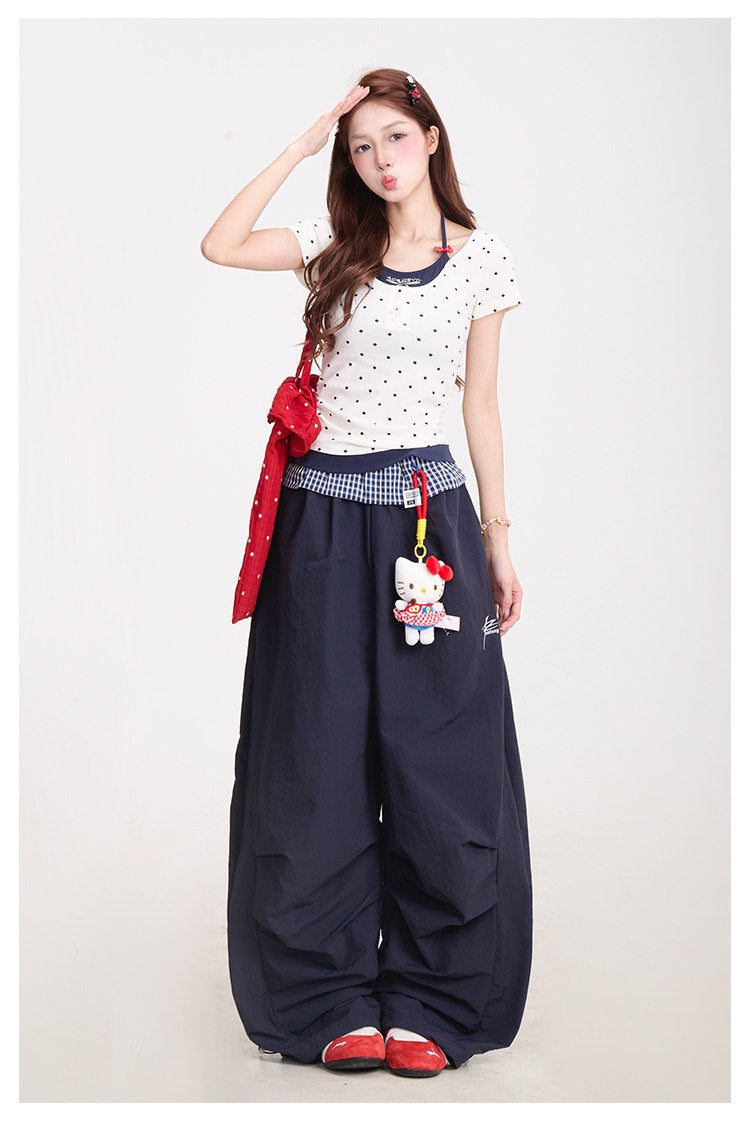 Polka Dot Baby Tee & Navy Wide-Leg Pants