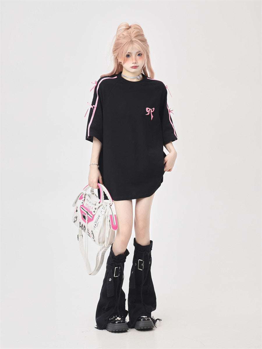 Ribbon Embroidery Side-Stripe Tee — Oversized