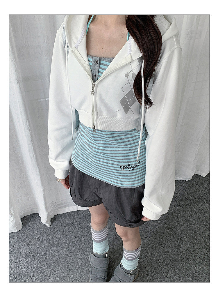 Striped Cami & Cropped Zip Hoodie Two-Piece Set