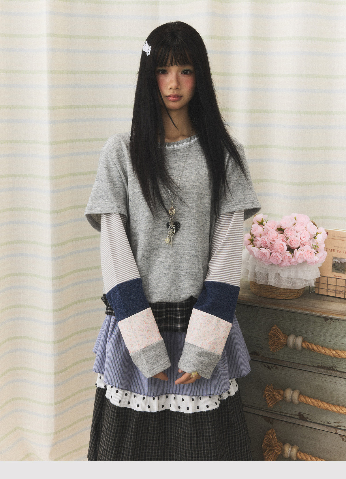 Lace-Trim Patchwork Faux-Layered Long Sleeve Top
