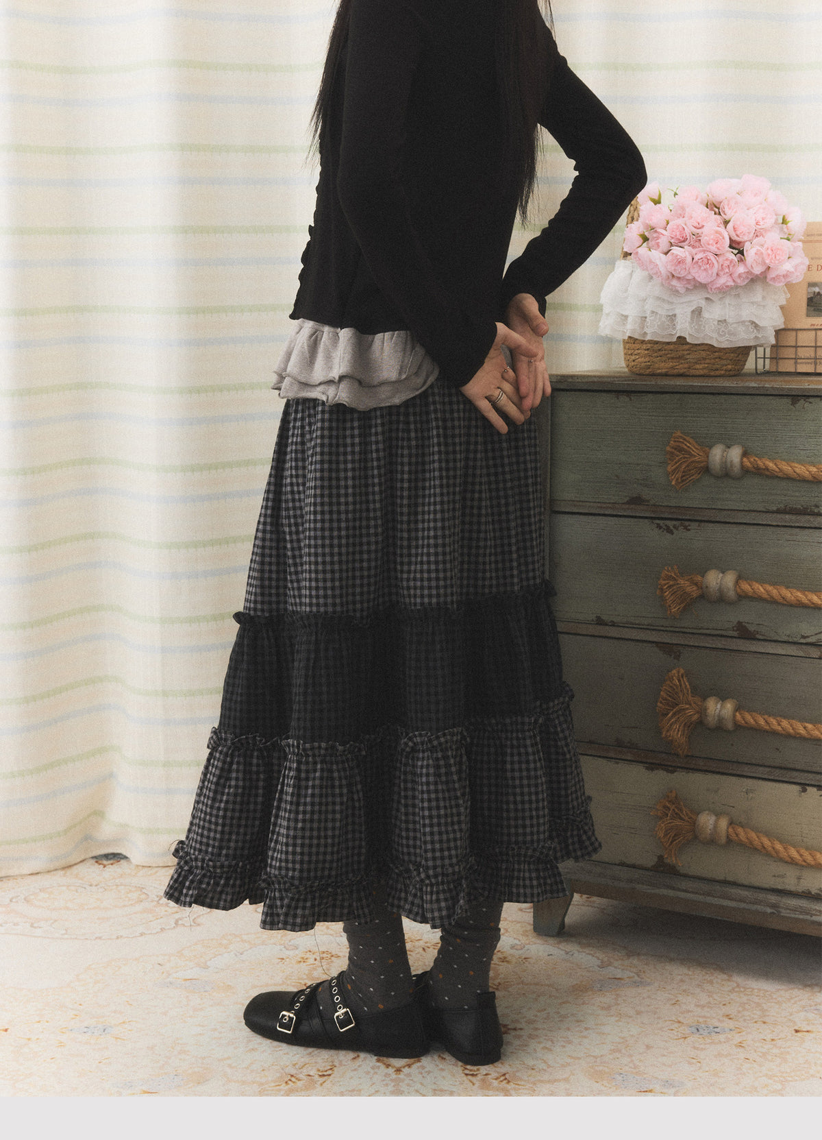 Mixed Plaid Tiered Ruffle Midi Skirt