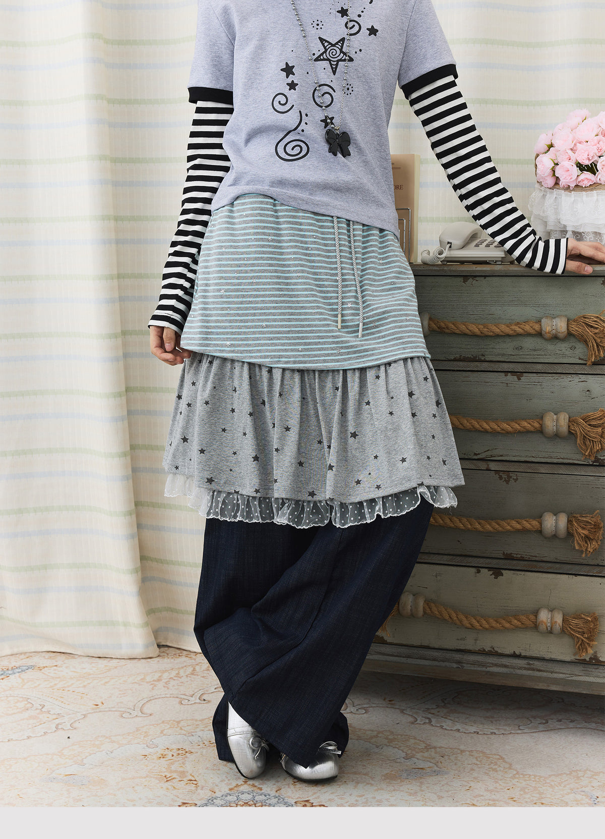 Star Stripe Layered Skirt Wide-Leg Pants