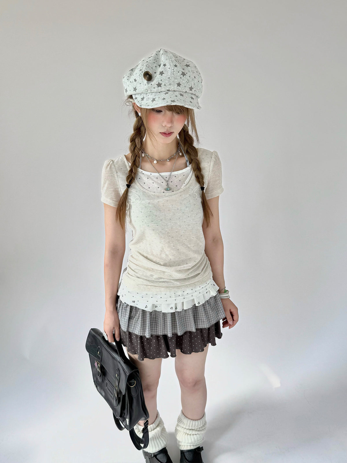 Angel Dot Faux-Layer Ruffle Short Sleeve Top