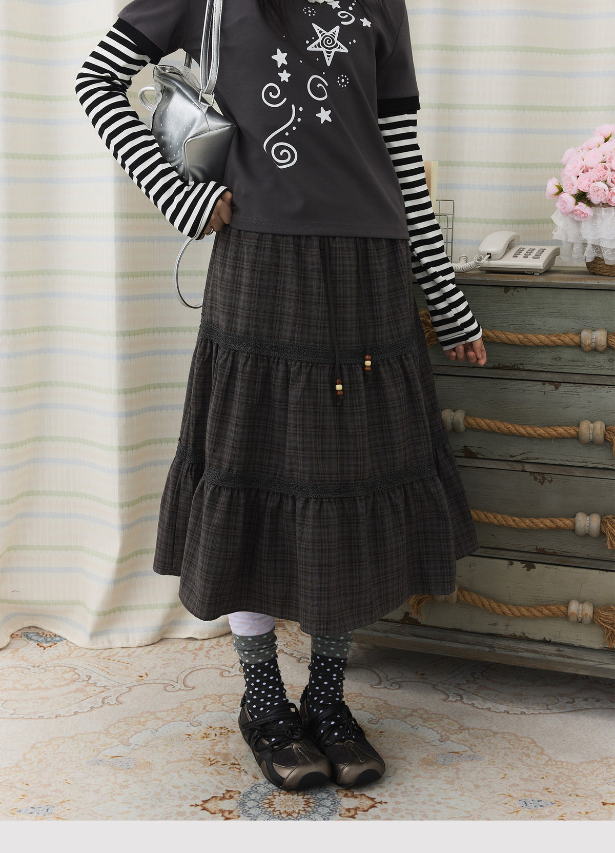 Plaid Tiered Lace Trim Midi Skirt