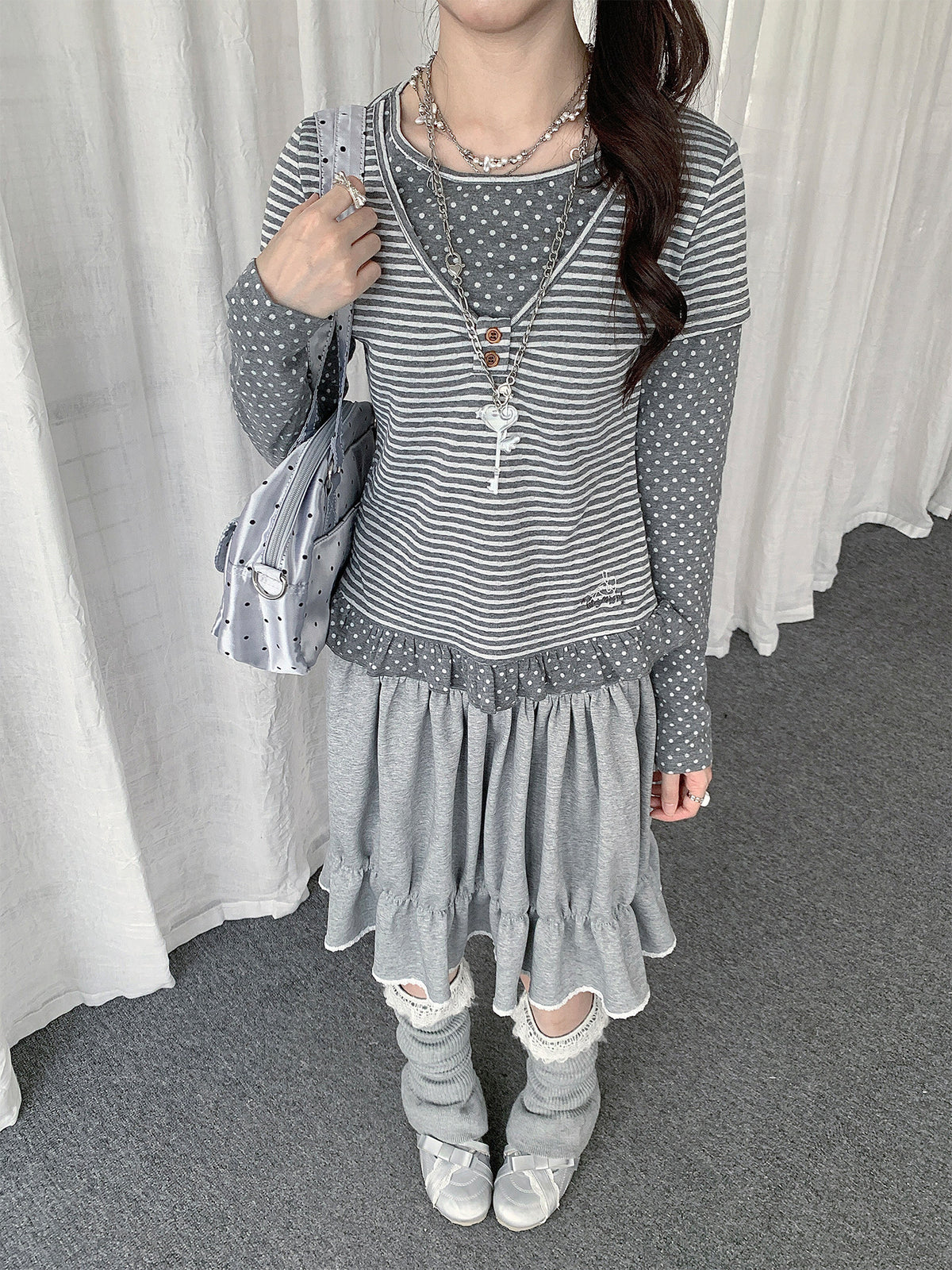 Polka Dot Stripe Ruffle Layered Long Sleeve Top