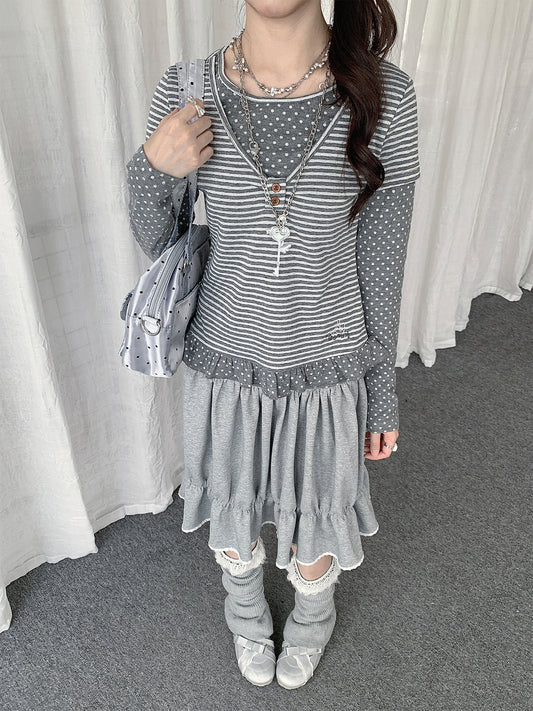 Polka Dot Stripe Ruffle Layered Long Sleeve Top