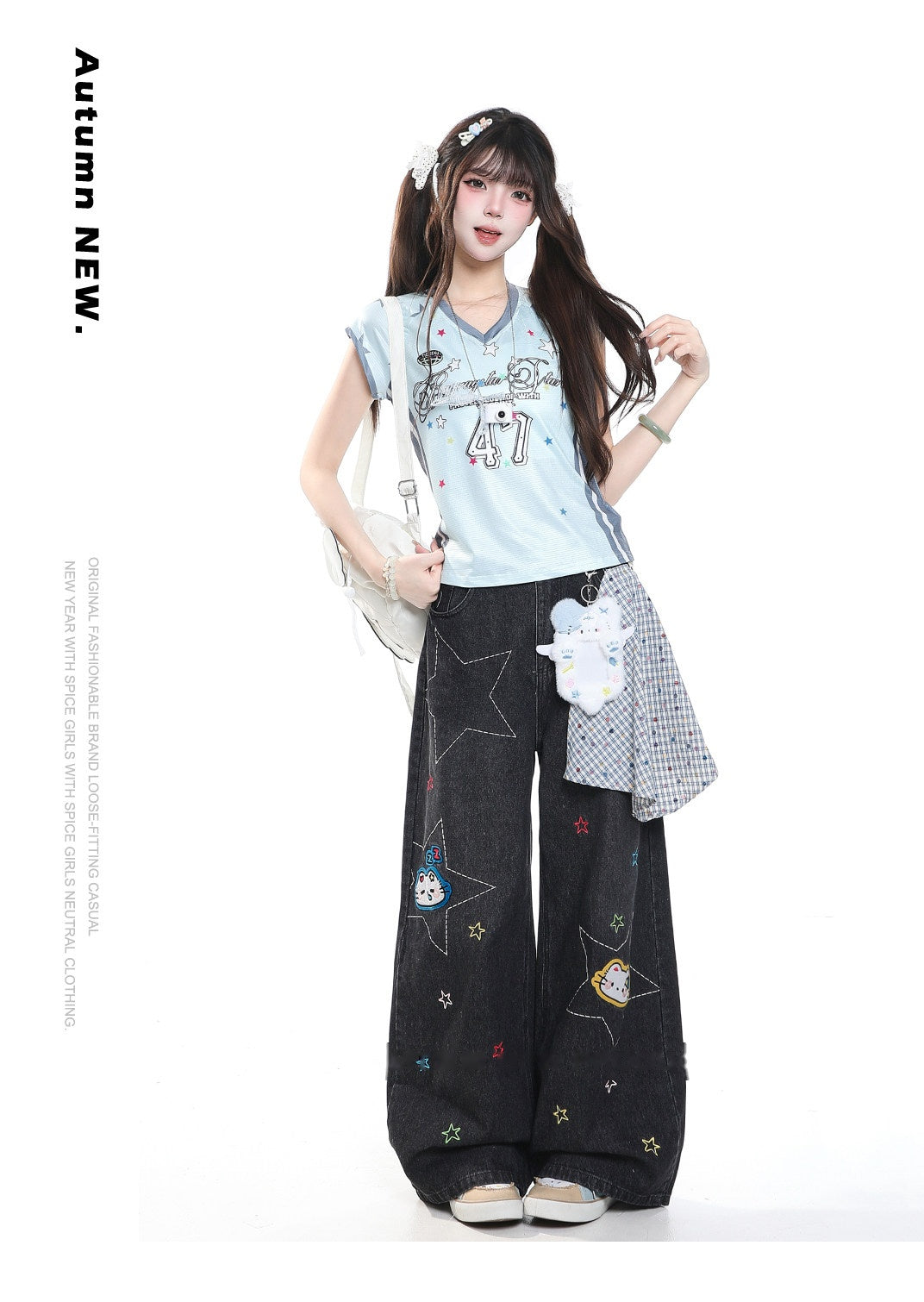 Star Kitty Embroidered Wide-Leg Jeans with Plush Charm