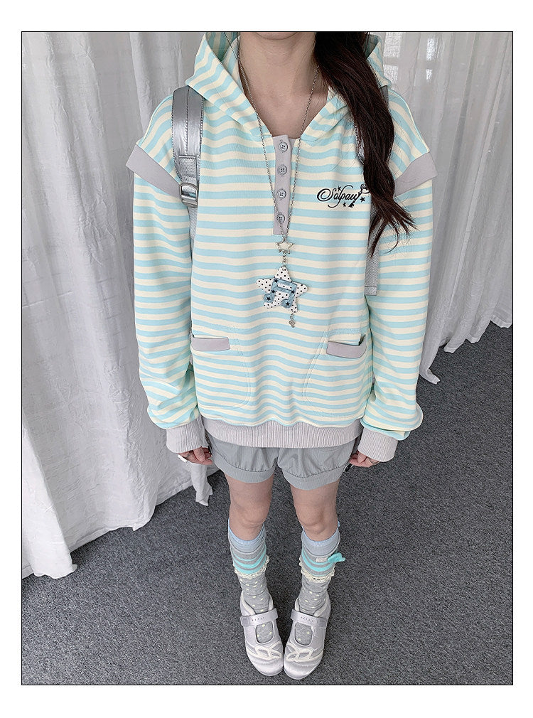 Striped Half-Placket Hooded Pullover