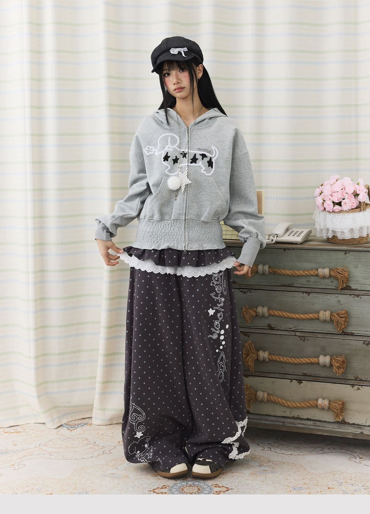Star Puppy Smocked-Waist Zip-Up Hoodie