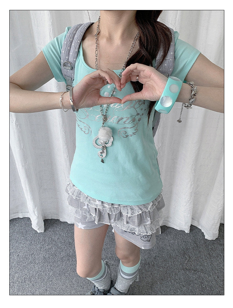 Lace-Trim Tiered Striped Skort Shorts