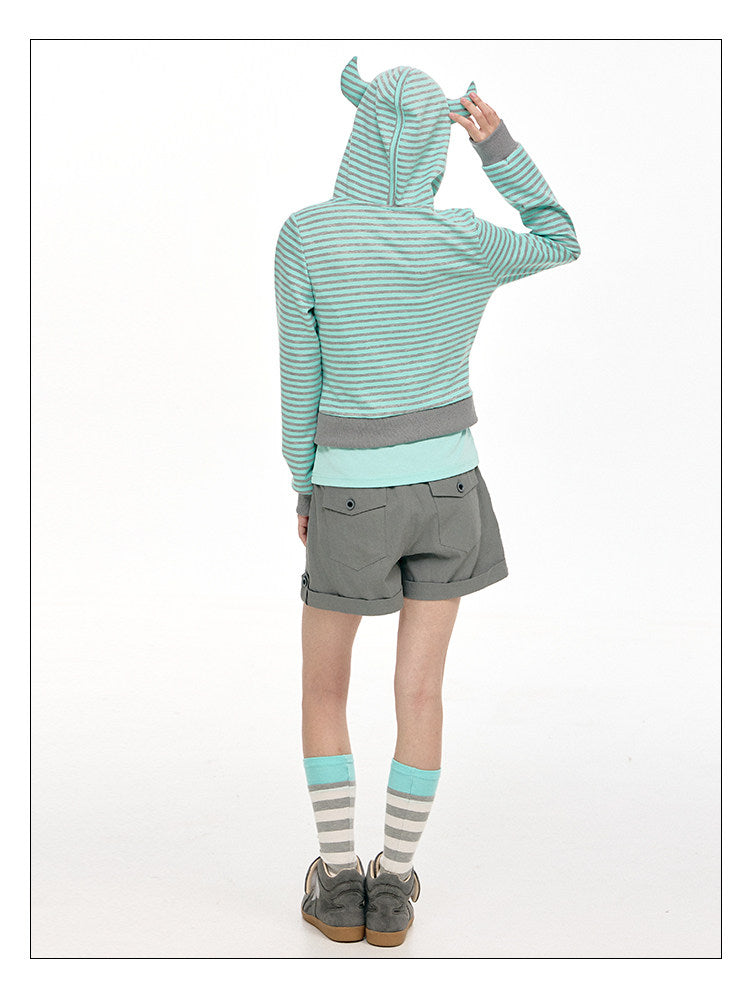 Mint Stripe Devil-Horn Zip-Up Hoodie