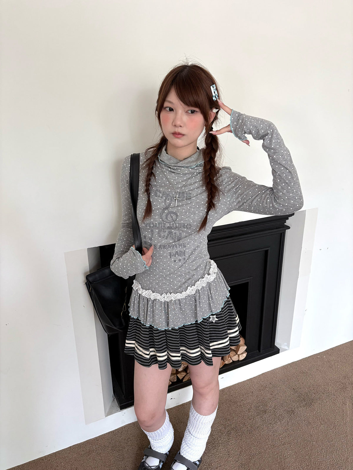 Polka Dot Lace-Trim Mock-Neck Long Sleeve Top