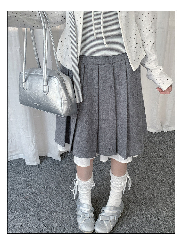 Gray Faux-Layer Pleated Midi Skirt