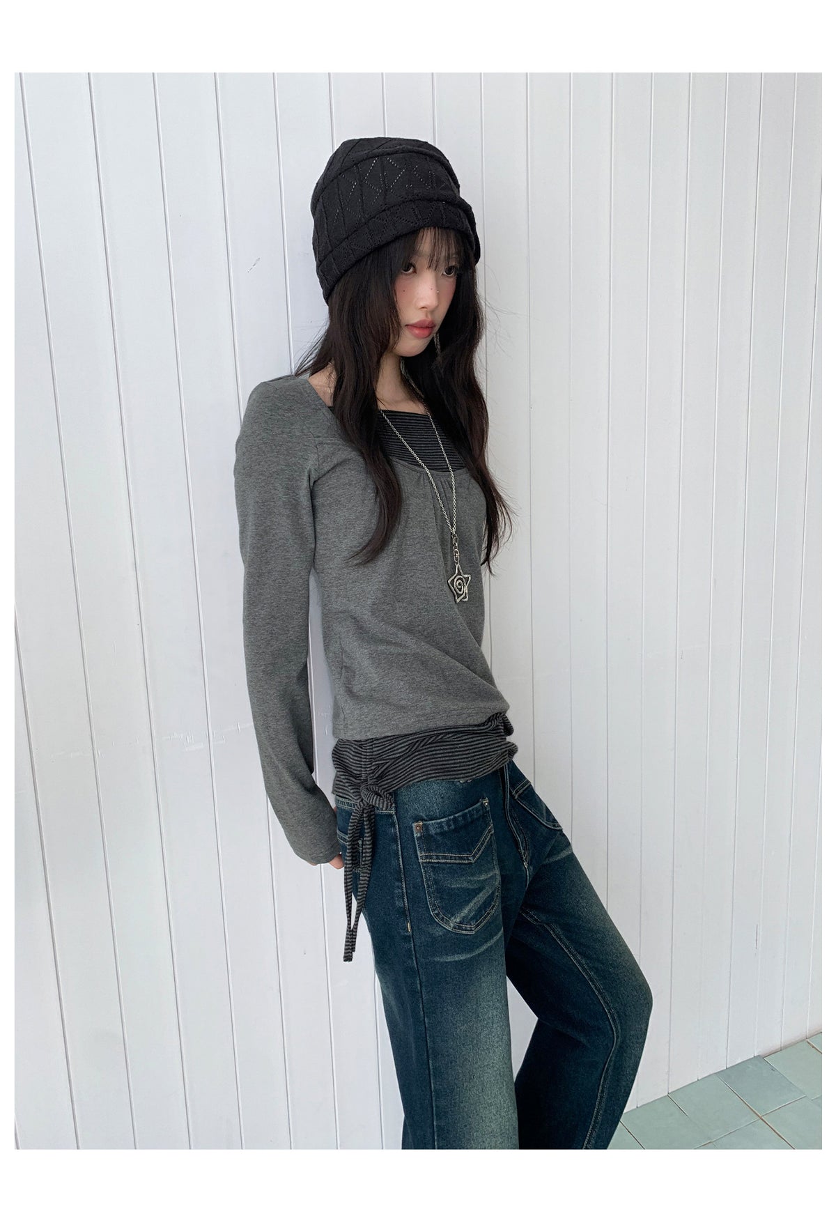 Striped Square-Neck Faux-Layer Drawstring Long Sleeve Top