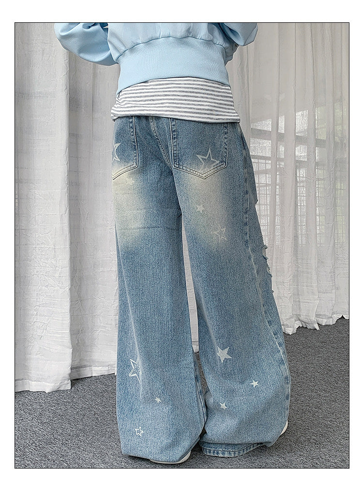 Blue Star Ripped Wide-Leg Jeans
