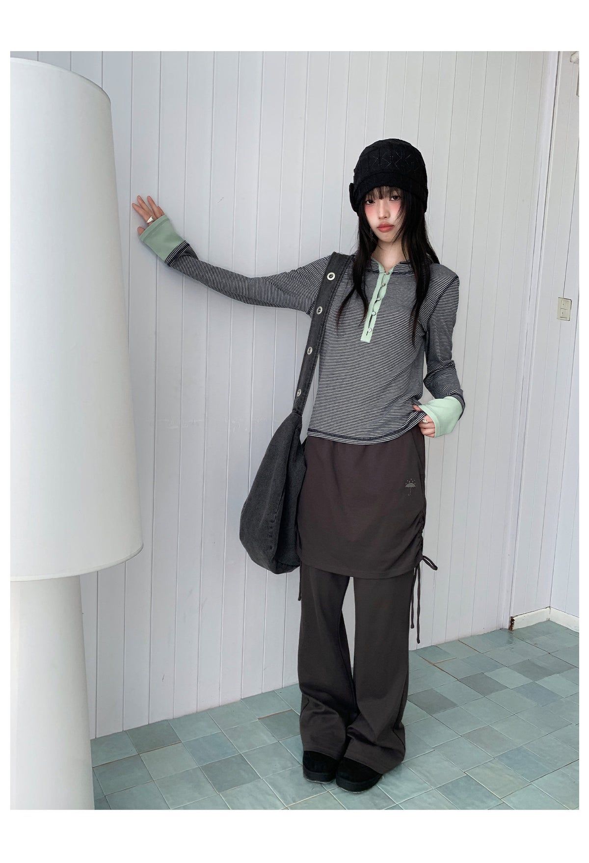 Blue-Gray Stripe Contrast Hooded Long Sleeve Top