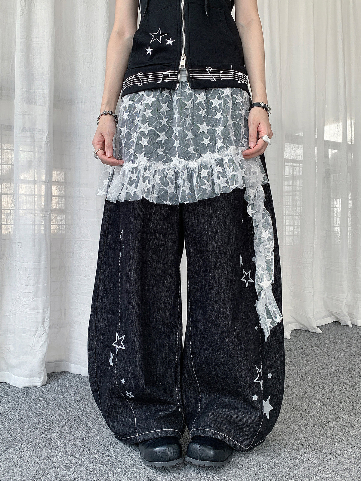 Star Embroidered Wide-Leg Jeans with Lace Overskirt