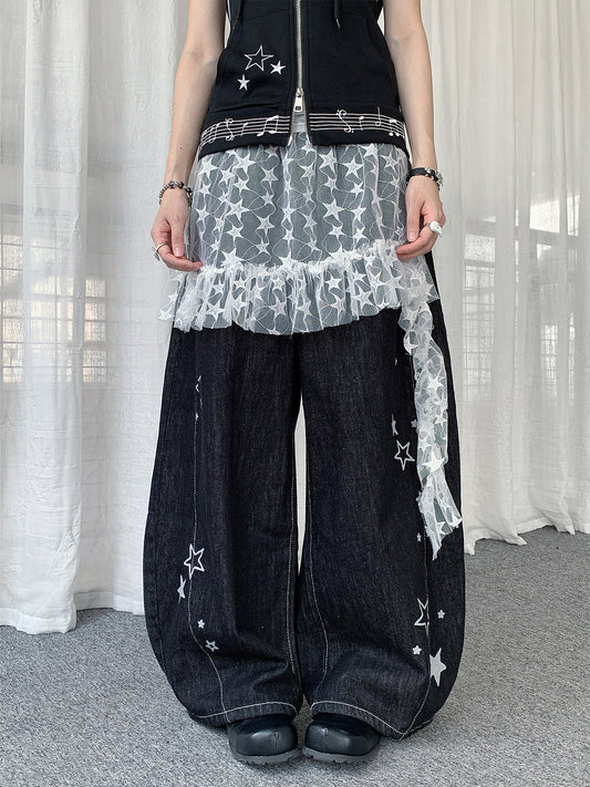 Star Embroidered Wide-Leg Jeans with Lace Overskirt