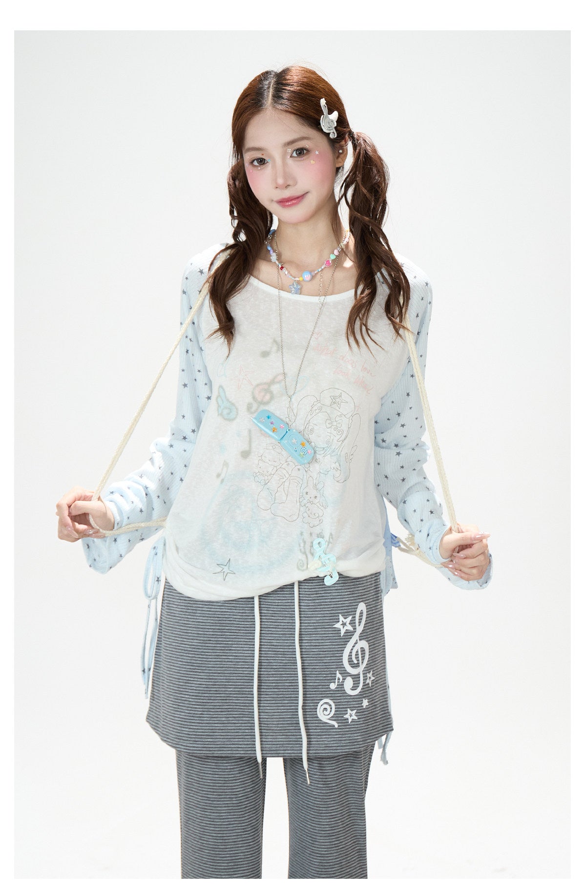 Dreamy Star Raglan Long Sleeve Top & Gray Striped Star Flare Pants