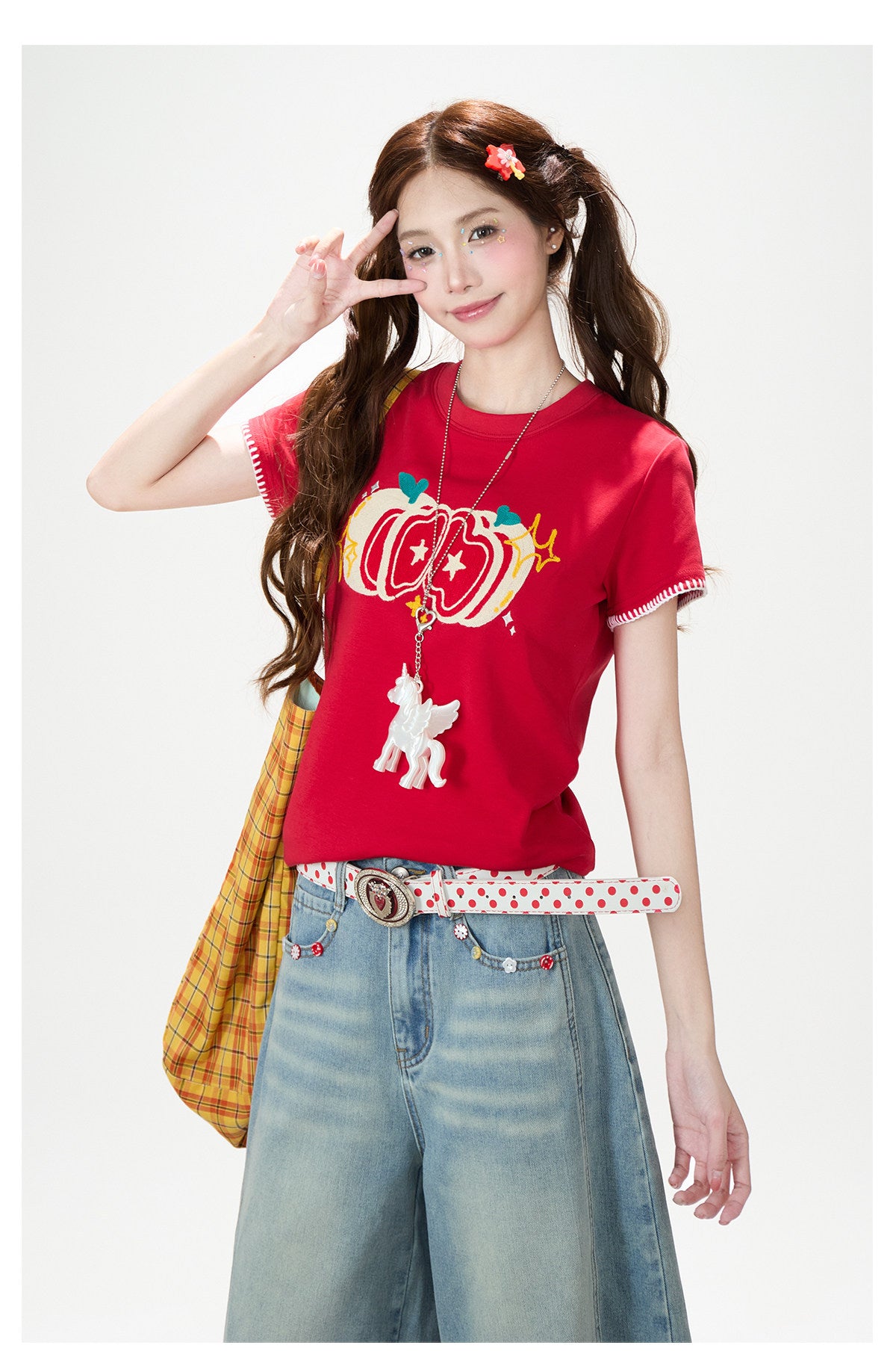 Apple Star Graphic Baby Tee & Denim Bermuda Pants