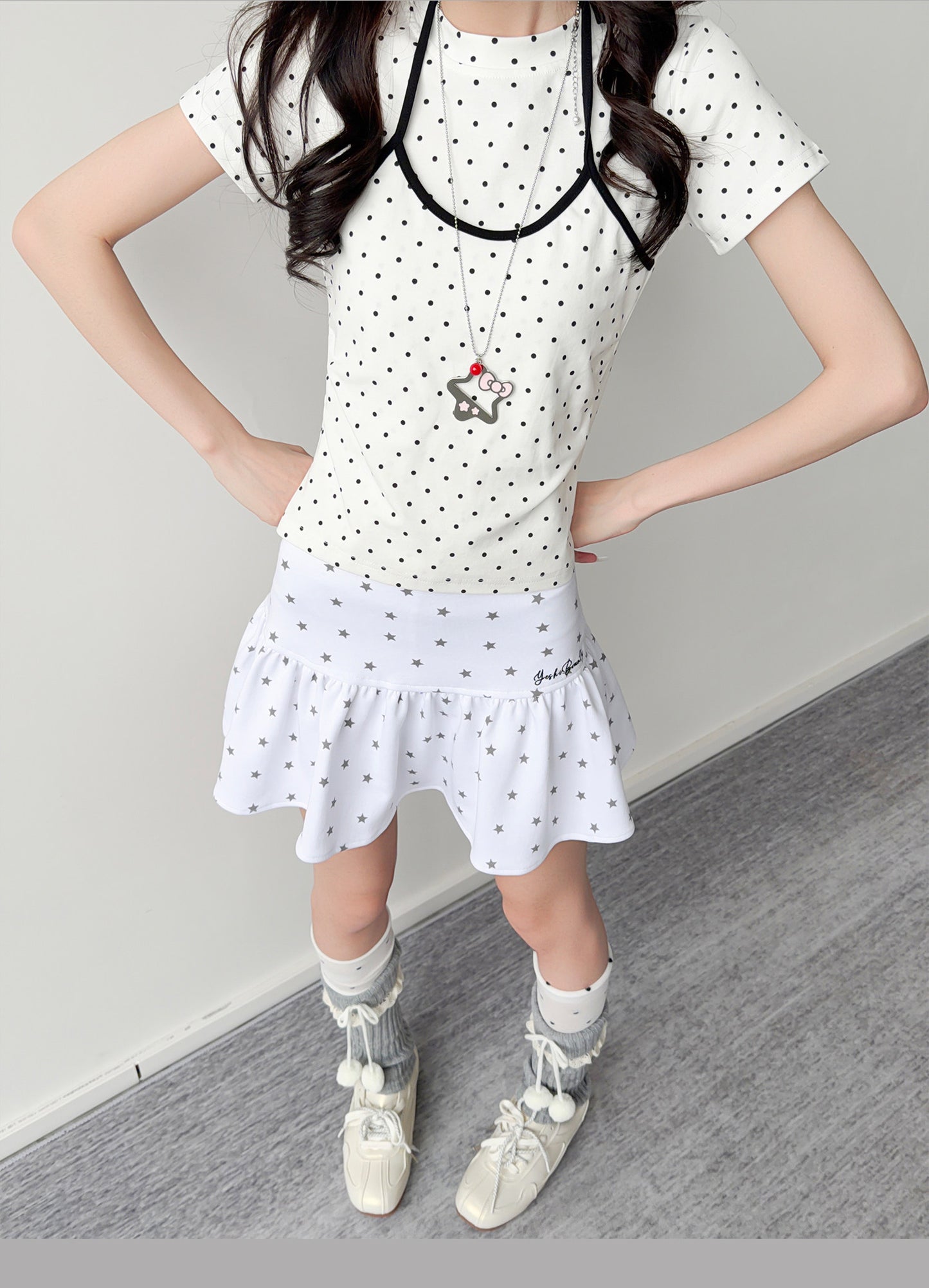 Polka Dot Faux-Layer Halter Fitted Tee