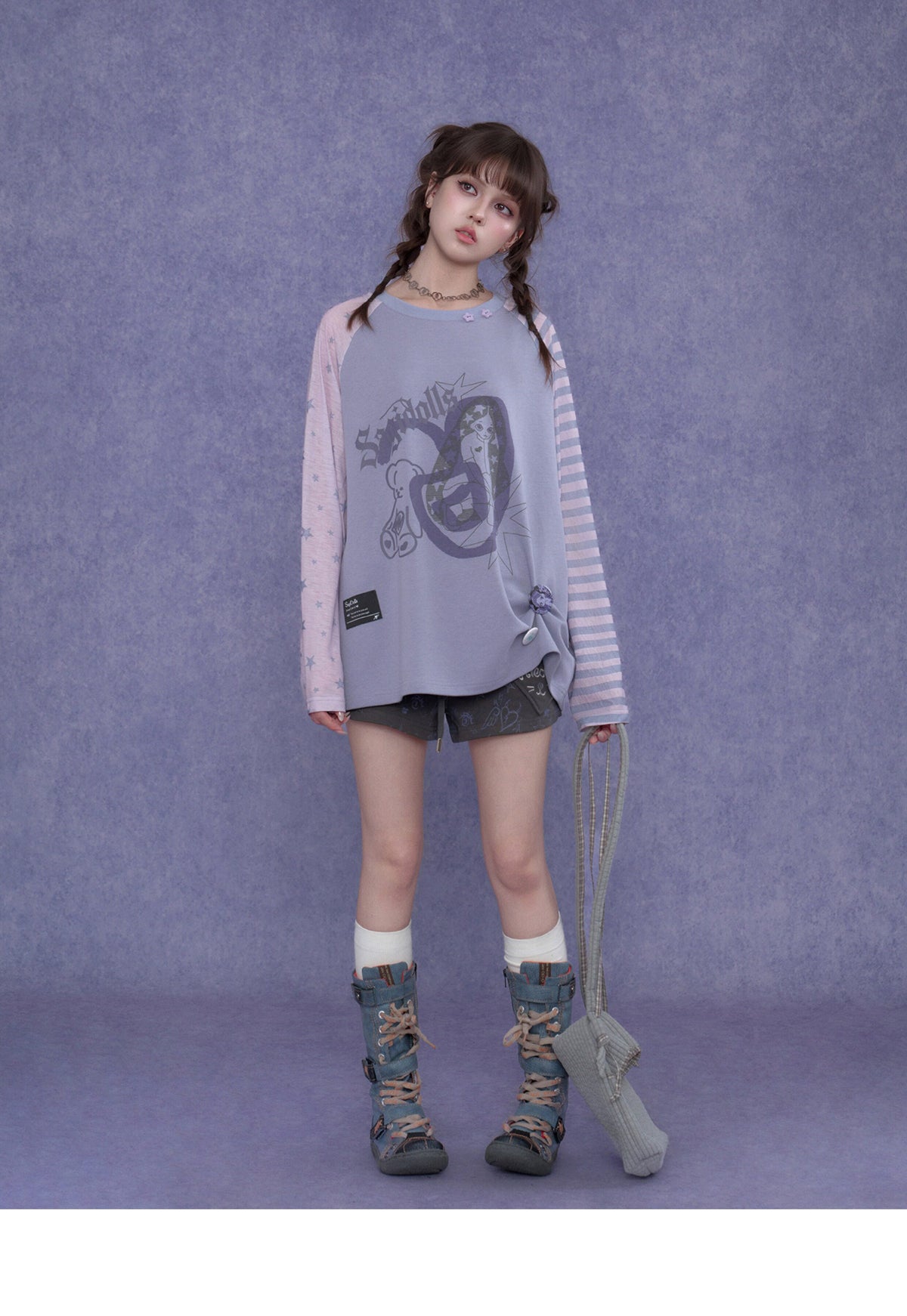 Lavender Star Stripe Raglan Graphic Long-Sleeve Tee