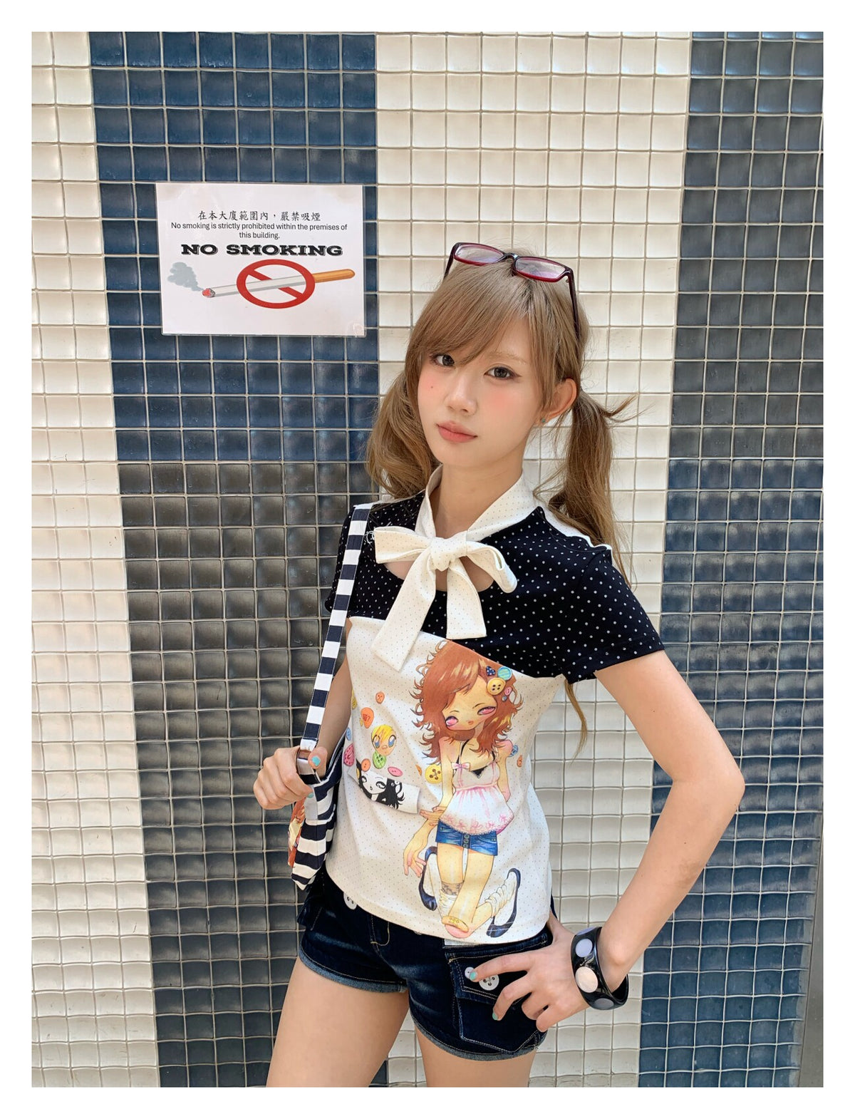 Polka Dot Bow-Tie Graphic Fitted Tee