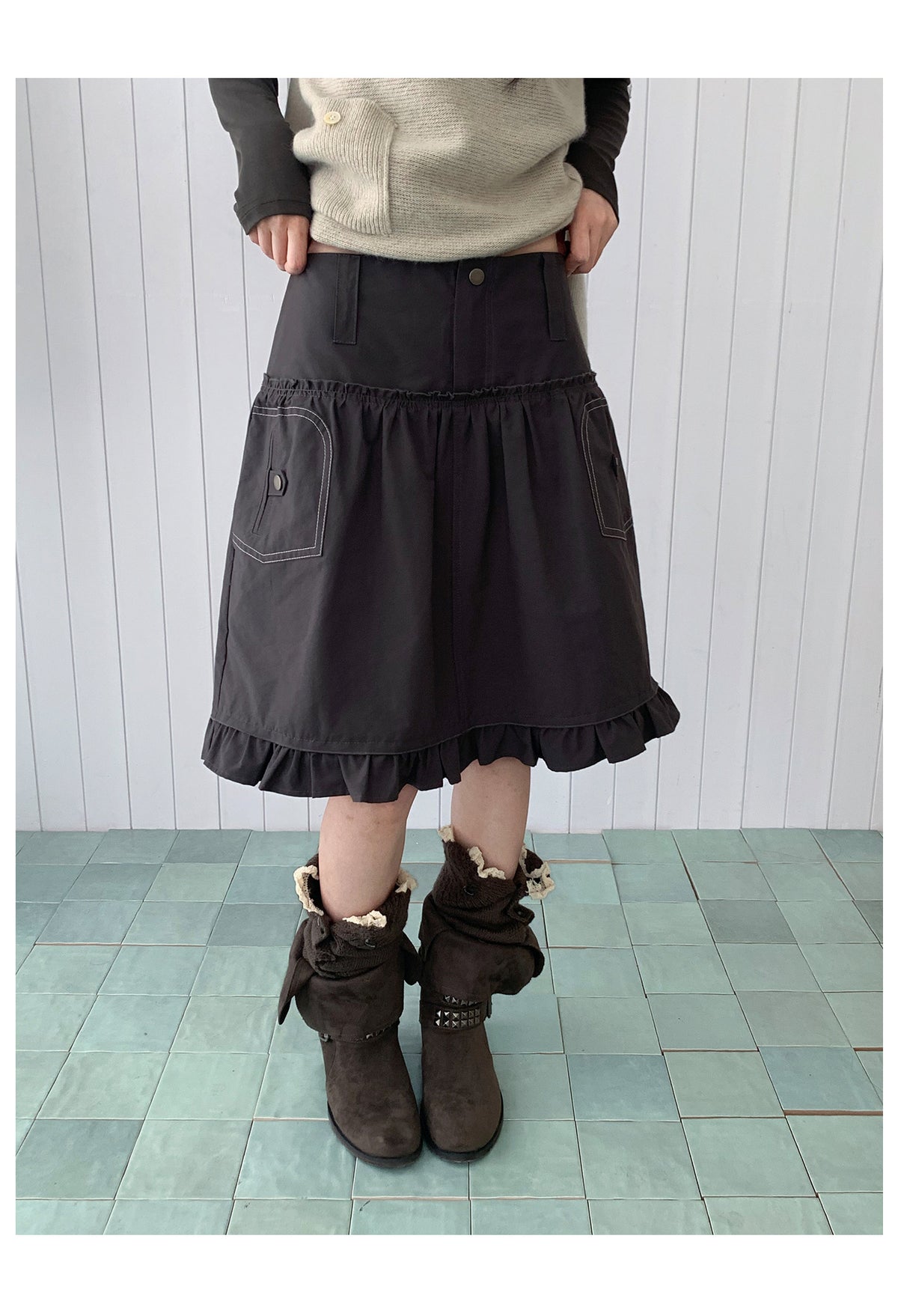 Contrast-Stitch Ruffle-Hem Utility Mini Skirt