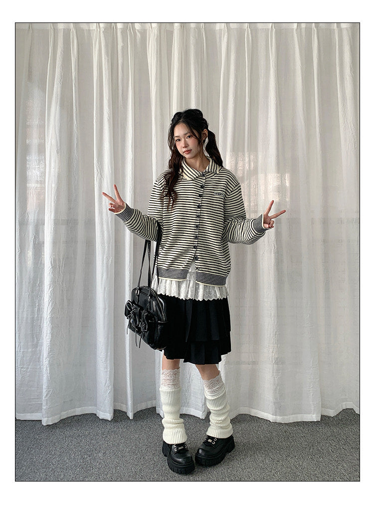 Striped Polo-Collar Knit Cardigan