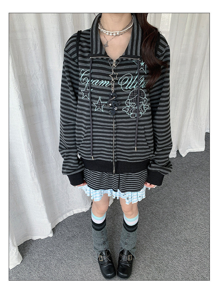 Star Charm Striped Embroidered Zip-Up Jacket