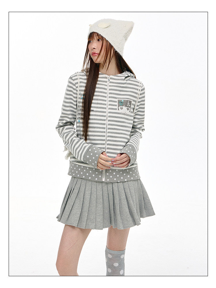 Mint & Gray Stripe Cat-Ear Zip Hoodie