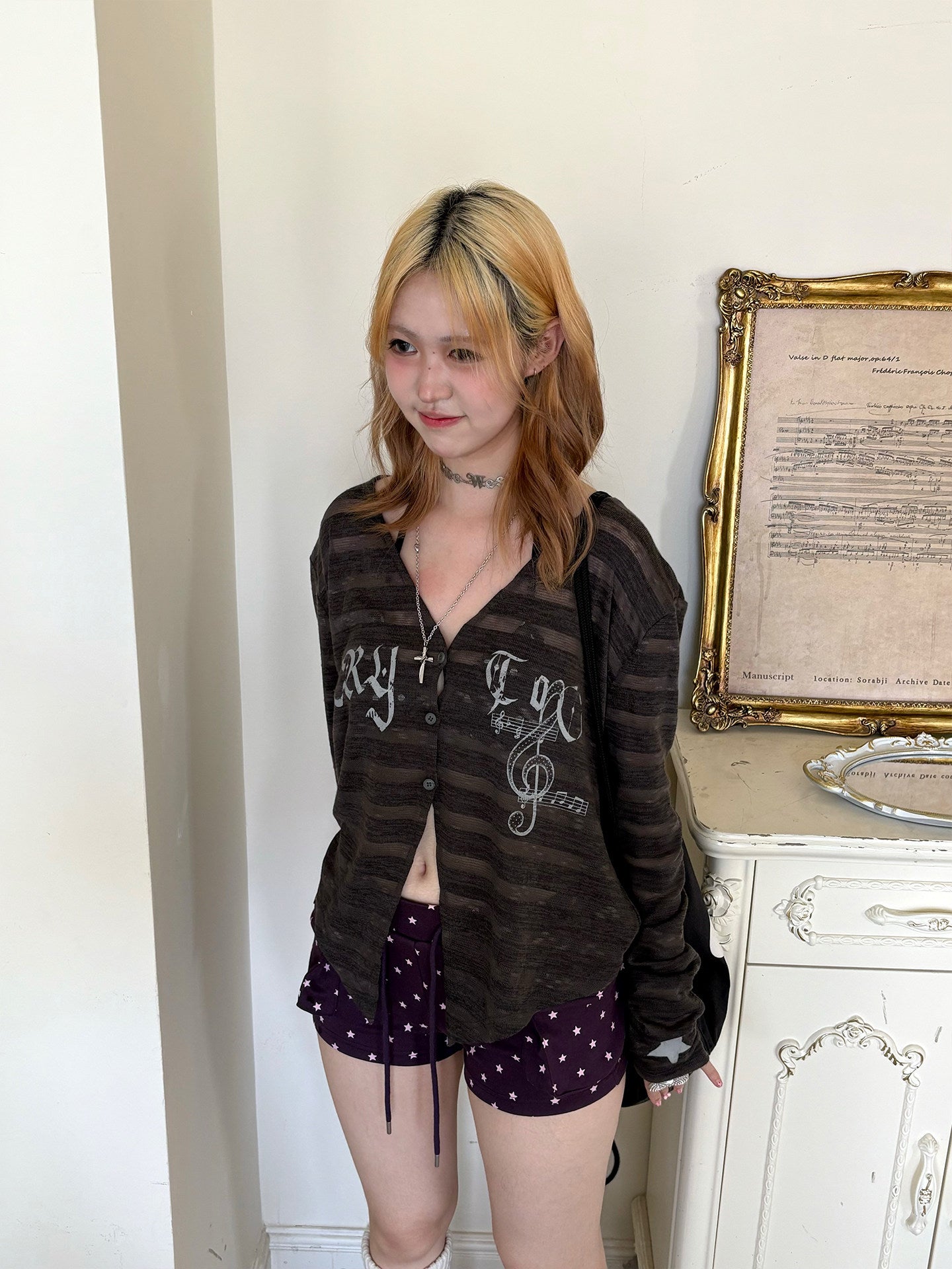 Smoky Brown Sheer Music Star Cardigan