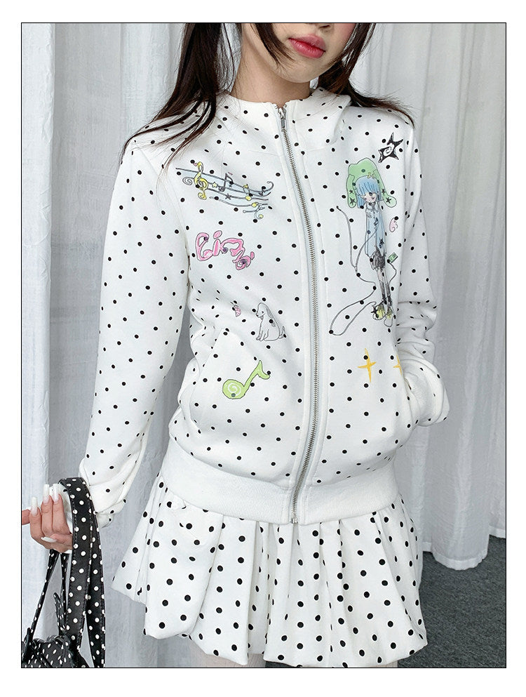 Polka Dot Devil-Horn Cartoon Girl Zip Hoodie