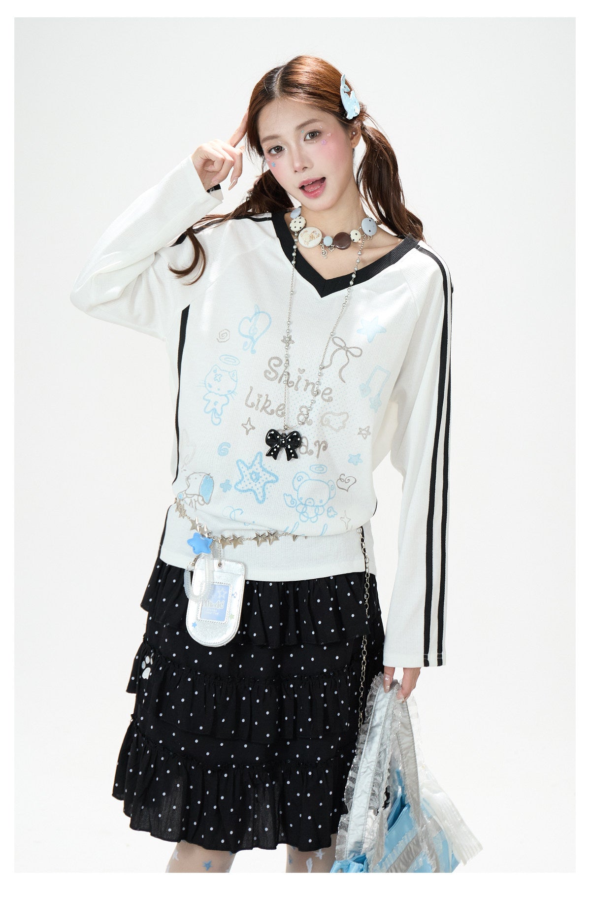 Dreamy Doodle V-Neck Long Sleeve Top & Polka Dot Tiered Ruffle Skirt