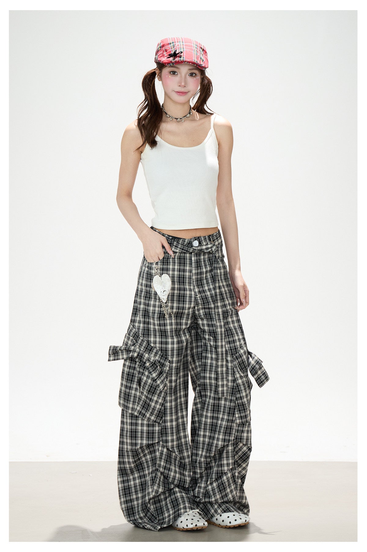 Bow Plaid Cargo Wide Leg Pants