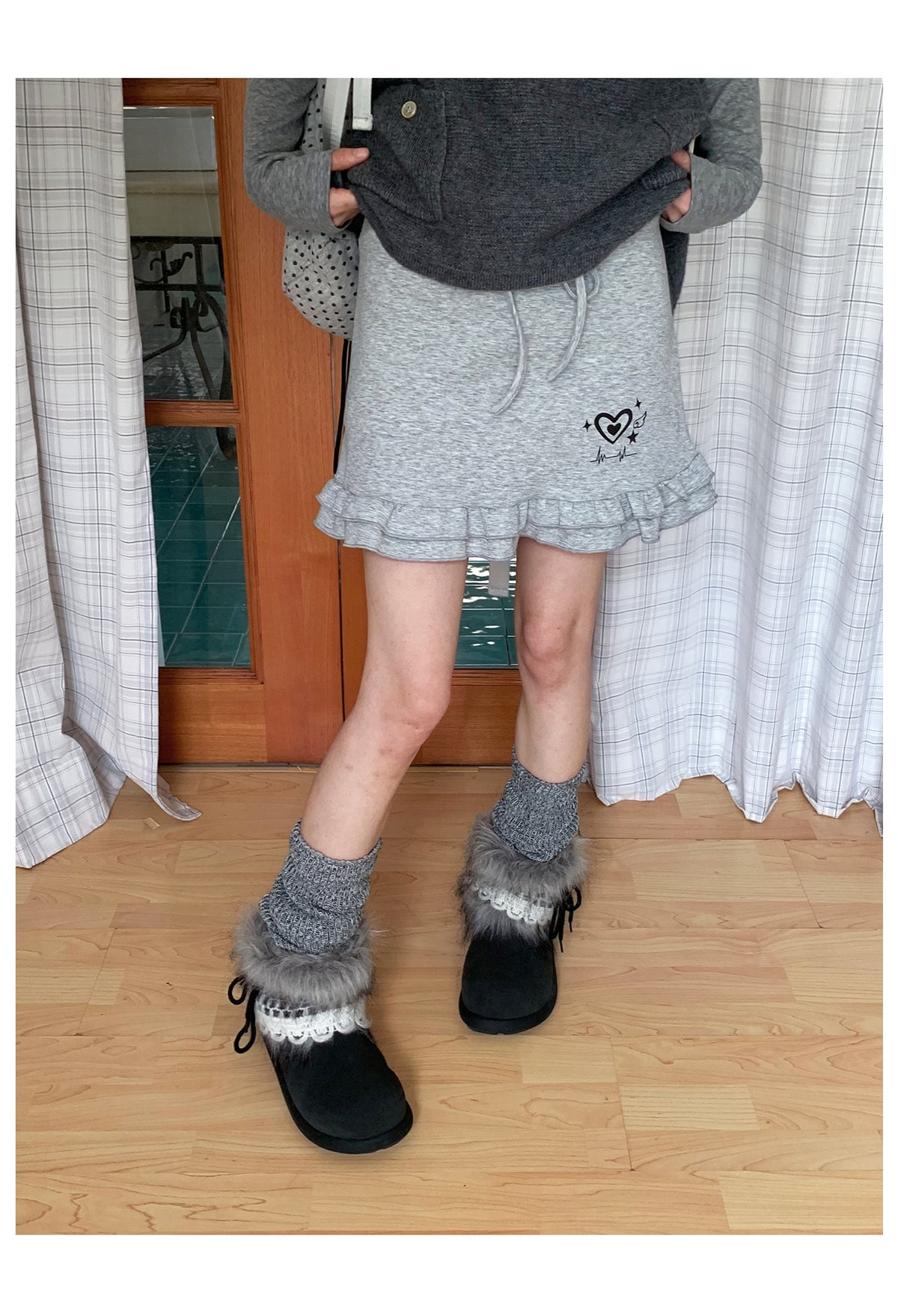 Heart Pulse Drawstring Ruffle Mini Skirt