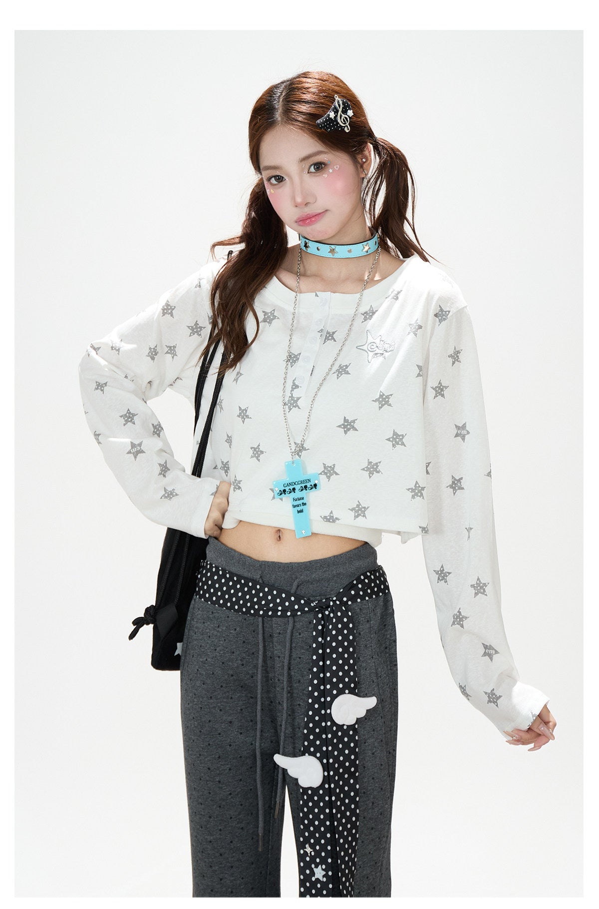 Allover Star Cropped Long Sleeve Top & Dark Heather Gray Wide Leg Pants
