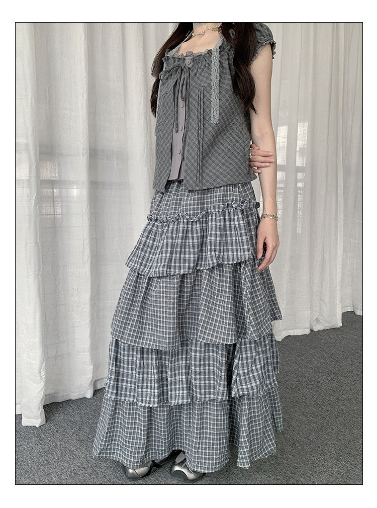 Plaid Patchwork Tiered Maxi Skirt