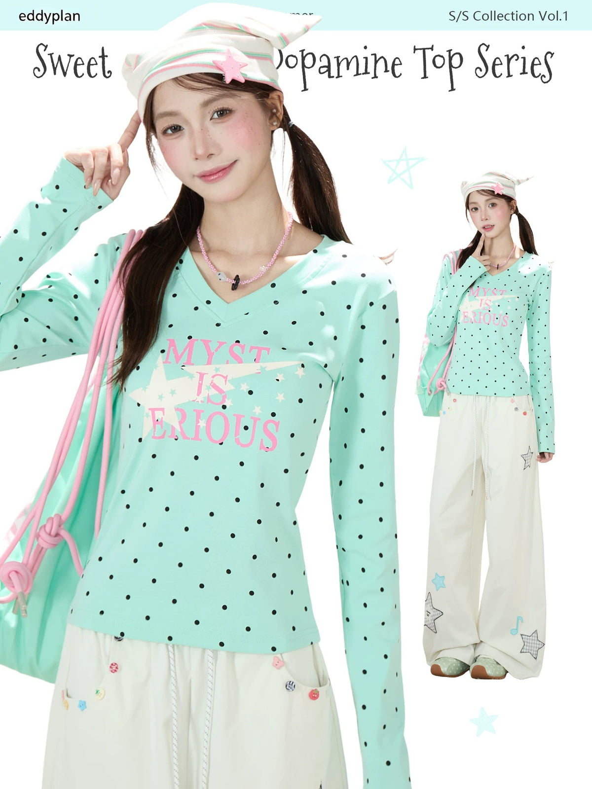 Polka-Dot V-Neck Long Sleeve Top & Star Music Note Wide-Leg Pants