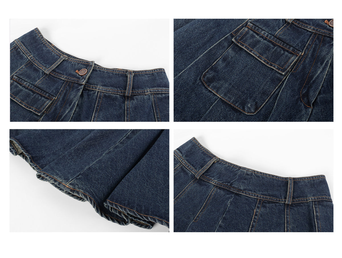 Washed Denim Utility Pleated Skirt